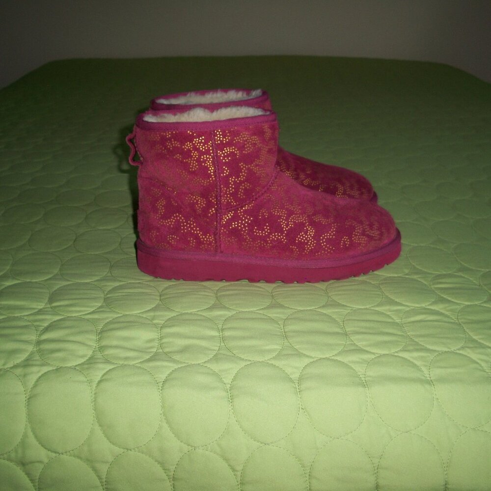 UGG Pink Shearling Booties with Gold Print